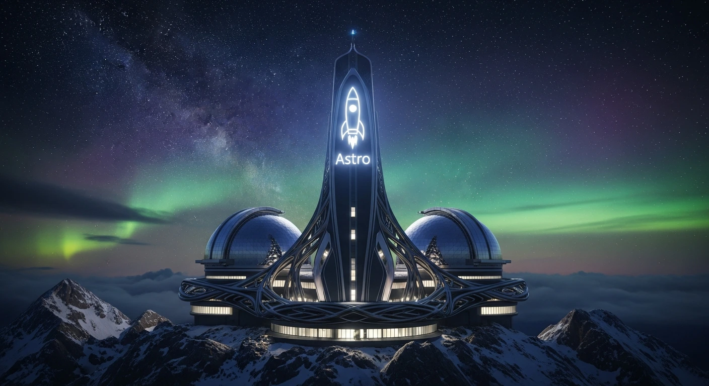 Futuristic space station with glowing neon spire and domes on mountain under aurora borealis and starry sky.