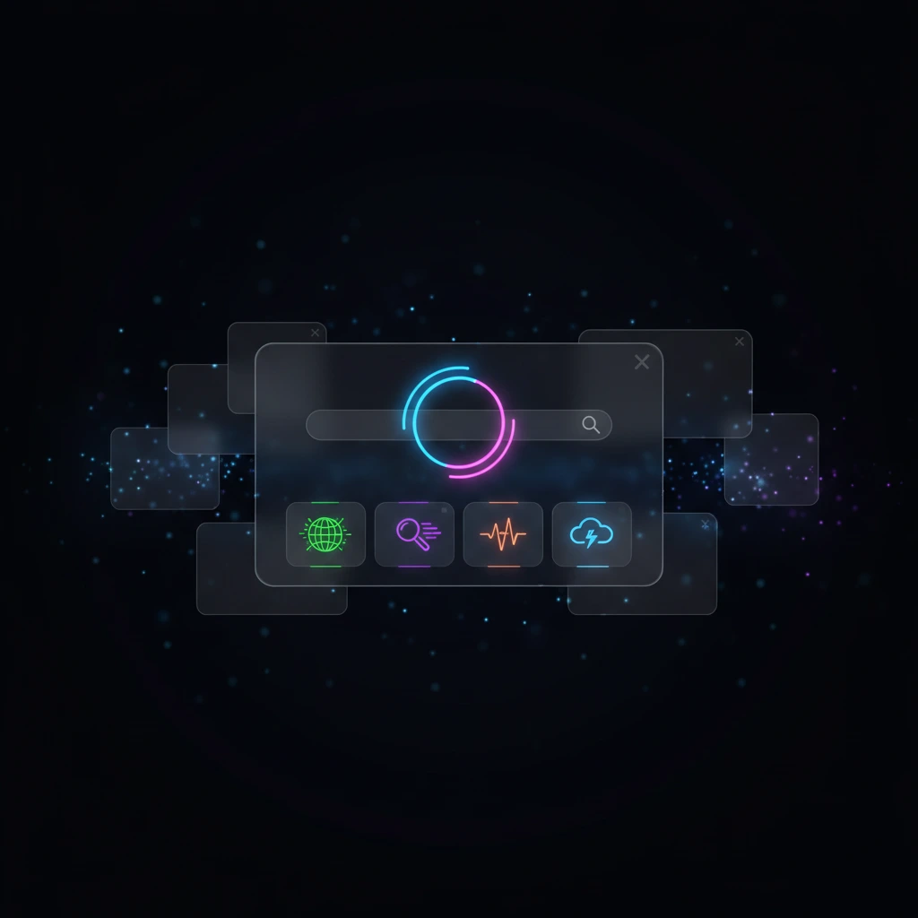 Dark mode UI with neon loading spinner, search bar, and four glowing tech icons on black background with particle effects