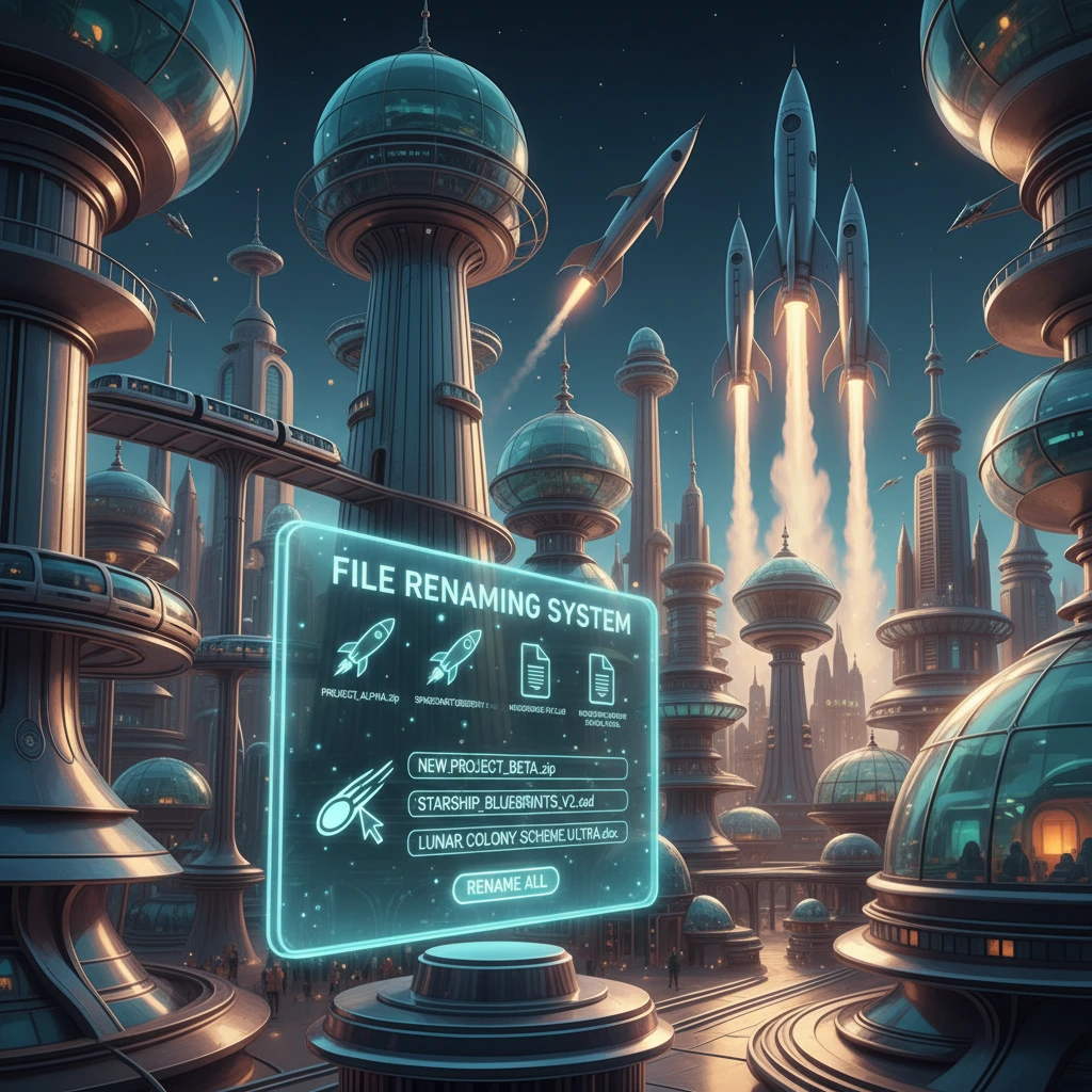 Retro futurism: neon cyan file renaming interface sign in brass dome city with launching rockets and starry sky
