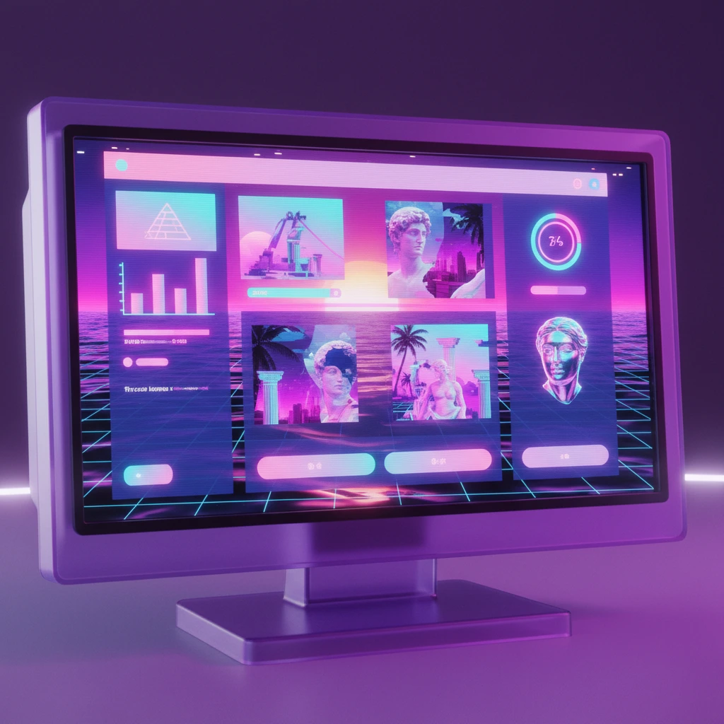 Vaporwave dashboard interface with neon pink and cyan UI elements, classical statues, and retro computer aesthetic on purple monitor